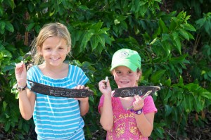 Reese and Olivia find natural chalk and write their names on Flamboyant tree pods