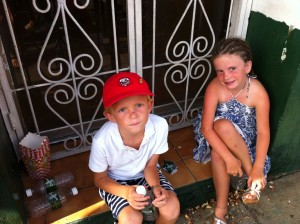 Porter and Olivia polish off the popcorn while we wait for the parade.