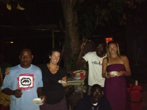 Stafford, Wendy, Eddison, Titus, and Erica mid-bbq.