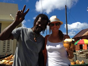 Titus and I drink coconut water: hare o' the dog, island style.