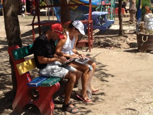 Wendy and Craig use the town wifi to finish up their Amazon orders before we leave for theh remote Tobago Cays.