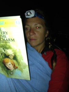 Using my headlamp to appease my current Nancy Drew addiction.