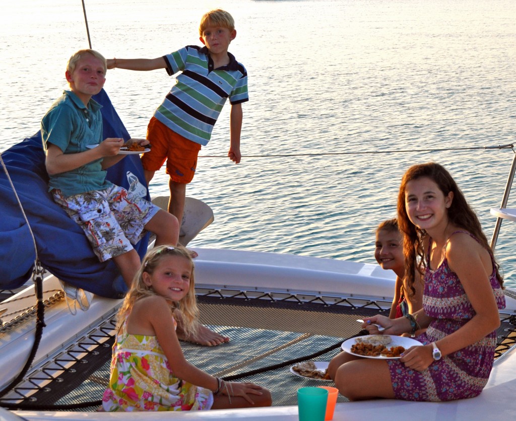 The kids love eating on the bow together.