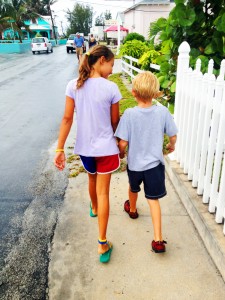 Kate and Porter walking through town.